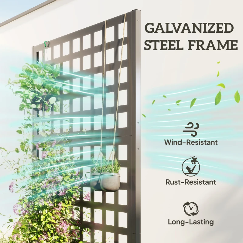 Outsunny Galvanized Raised Garden Bed Planter Box with Trellis for Climbing Plant, Vegetable, Vine, 35"x16"x70" Grey Wood Effect