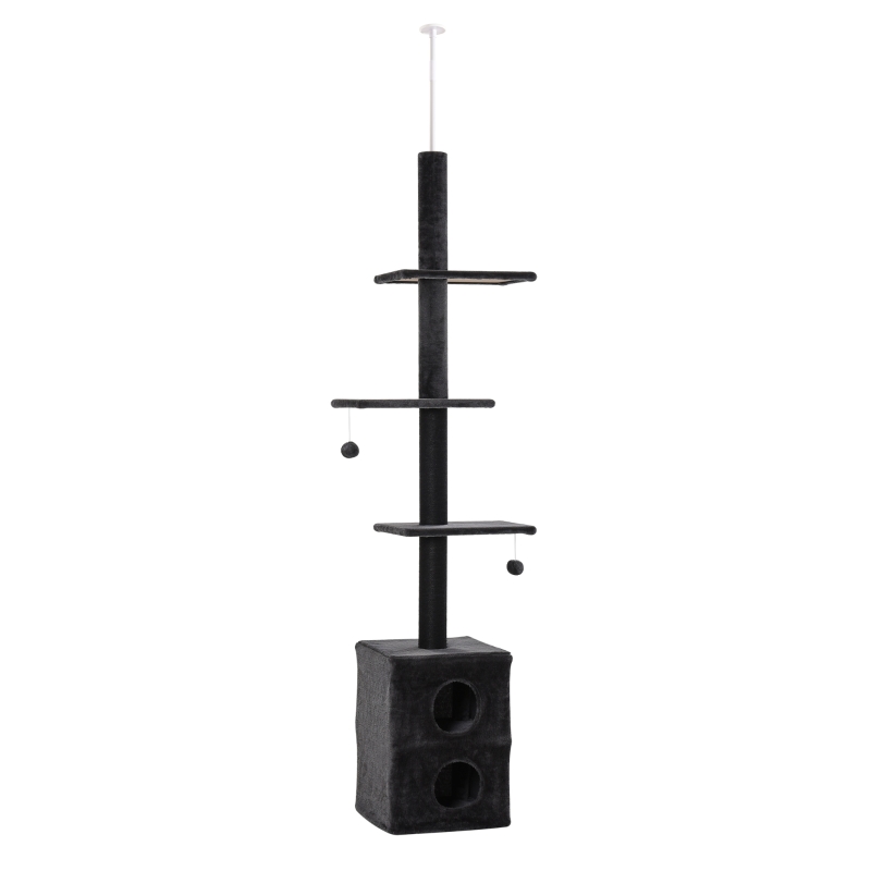 PawHut Cat Tree Floor to Ceiling Condo w/ Jute Scratching Post Dangling Ball Adjustable 86.5" H -96.5" H, Grey