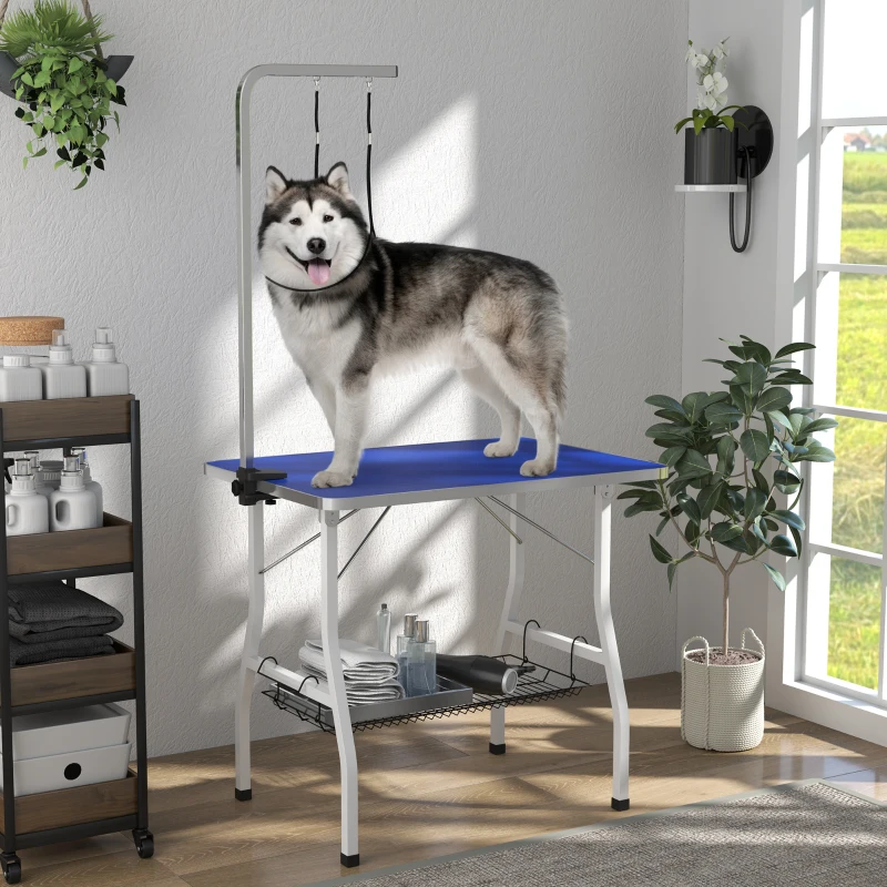 PawHut Dog Grooming Table w/ Adjustable Arm, Mesh Tray,  Two Nooses, Rubber Surface, 35" x 24" x 61", Blue