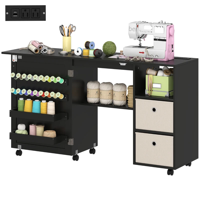 HOMCOM Rolling Sewing Machine Table with Power Outlet, Folding Craft Table with 2 Fabric Drawers, 2 Bins and 18 Pegs, Black