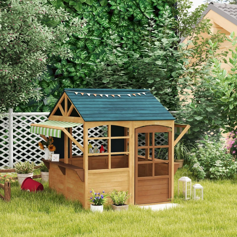 Qaba Wooden Foldable Outdoor Playhouse for Kids Ages 3-8, Snack Bars, Working Door, Rain Covers, Blackboards, Brown