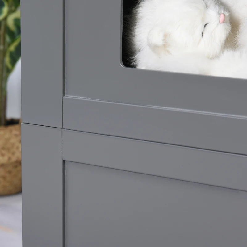 PawHut Double-Decker Cat Luxury Lower Level Litter Box and Upper Level House, Grey