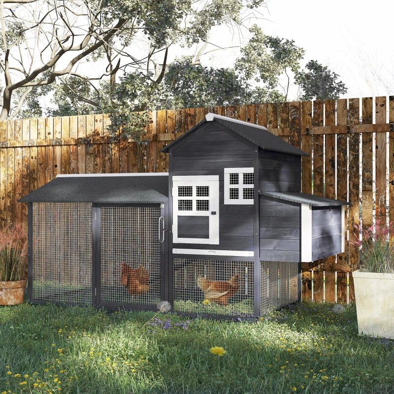 PawHut 84" Wooden Chicken Coop, Hen House Outdoor with Run Nesting Box, Asphalt Roof, Removable Tray, Ramp, Poultry Cage for 2-3 Chickens, Gray(m-3)