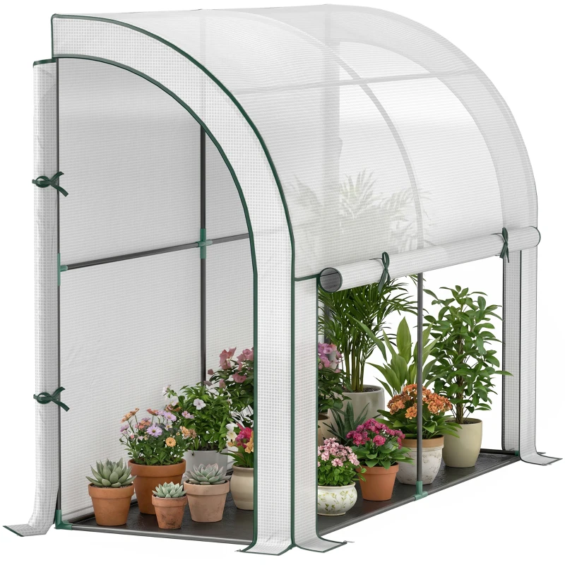 Outsunny Walk-in Lean-to Greenhouse, Outdoor Gardening Green House with Zipper Roll-up Doors and Window, 7' x 3' x 5', White