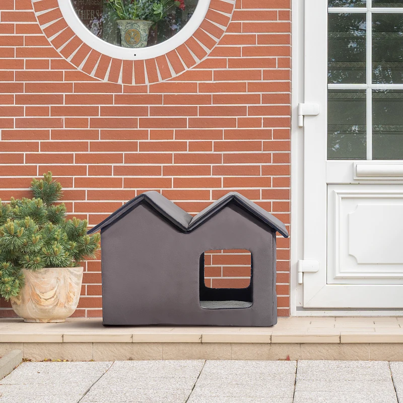 PawHut Double Heated Cat House Portable Indoor/Outdoor Kitty Shelter for Ferral Cat in Winter, Brown