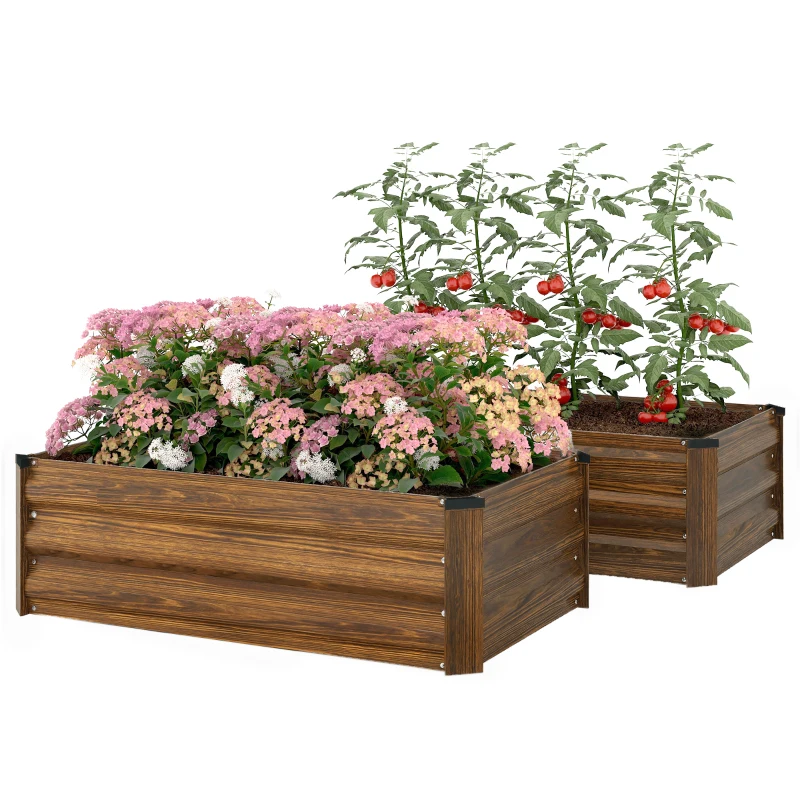 Outsunny Set of 2 Galvanized Raised Beds for Garden, Outdoor Planter Box for Flowers, Herbs and Vegetables, Dark Brown