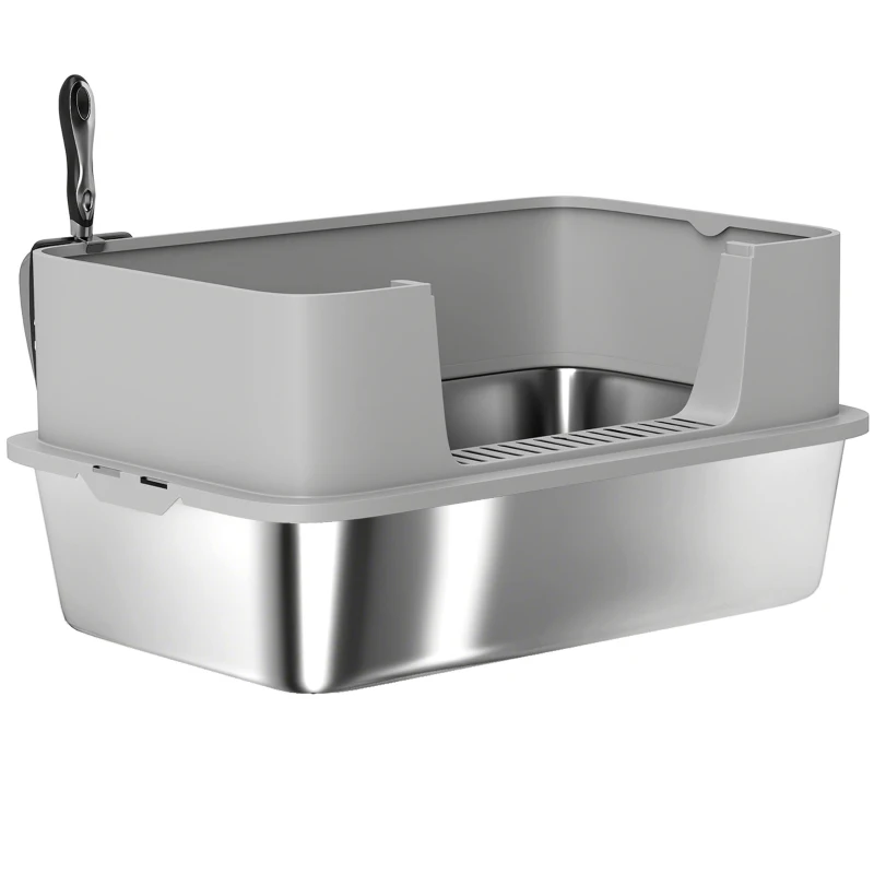 PawHut Stainless Steel Litter Box, XL High Sided Cat Litter Box with Scoop, Anti Leakage & Easy to Clean, 24" x 16" x 12", Grey