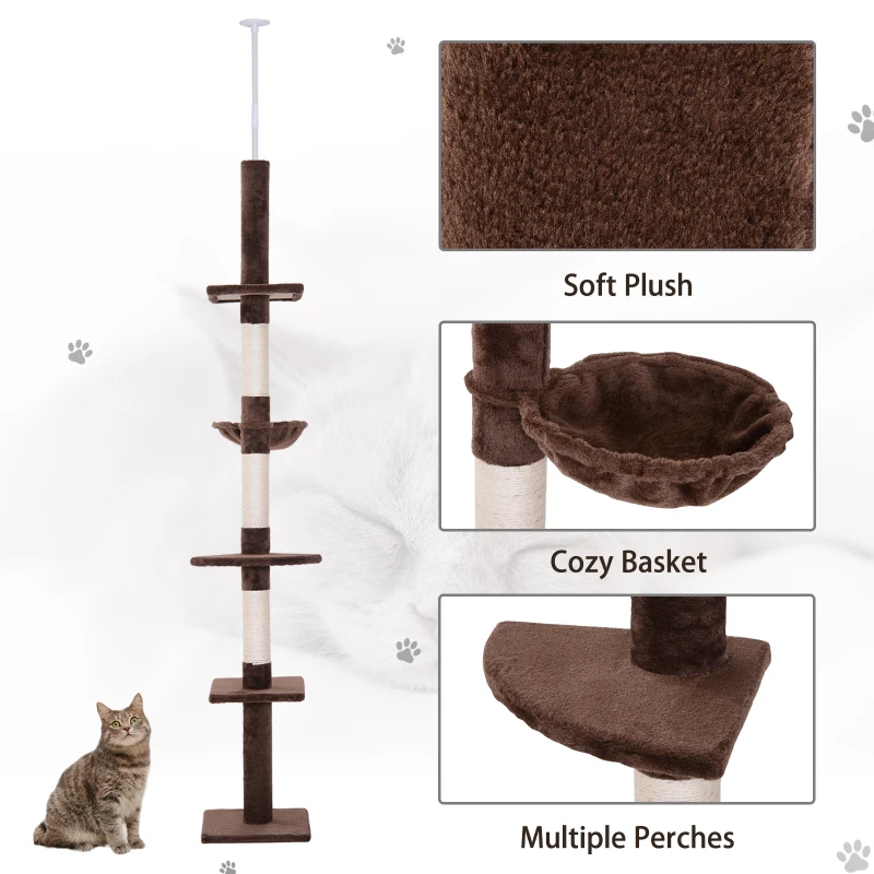 PawHut 102" Adjustable Height Floor to Ceiling Cat Tree, 5 Level Cat Tower with Scratching Posts, Hammock, Brown