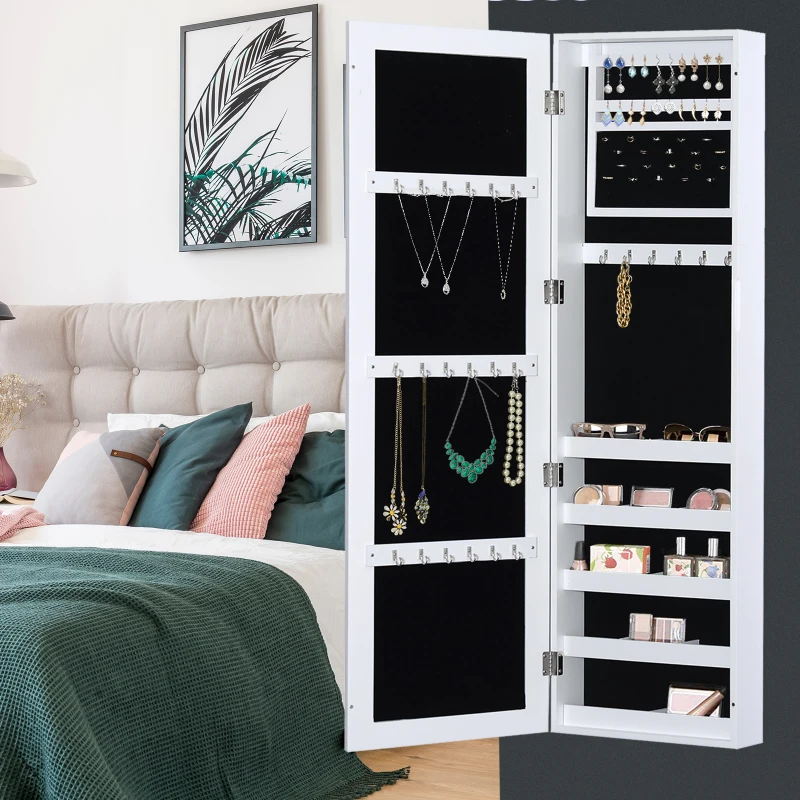 HOMCOM Mirror Jewelry Cabinet Armoire with Full Length Mirror, Wall Mounted Jewelry Organizer, White