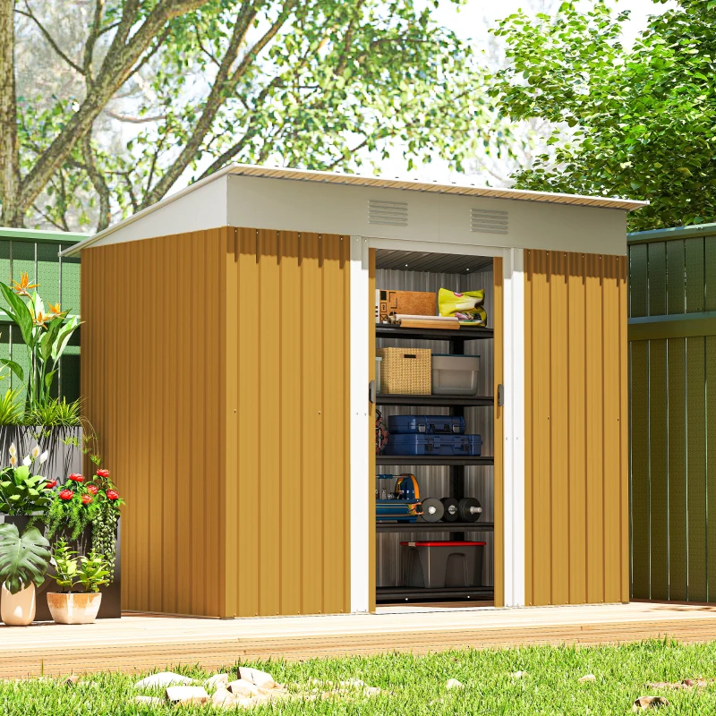 Outsunny 7' x 4' Outdoor Storage Shed, Metal Garden Tool Storage House Organizer with Lockable Sliding Doors and Vents for Backyard Patio Lawn, Yellow