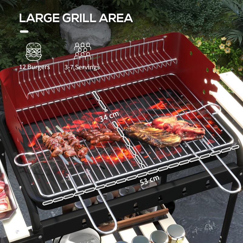 Outsunny Charcoal Barbecue Grill with Adjustable Grill Height, Portable BBQ Trolley with Ash Catcher and Wheels, Red