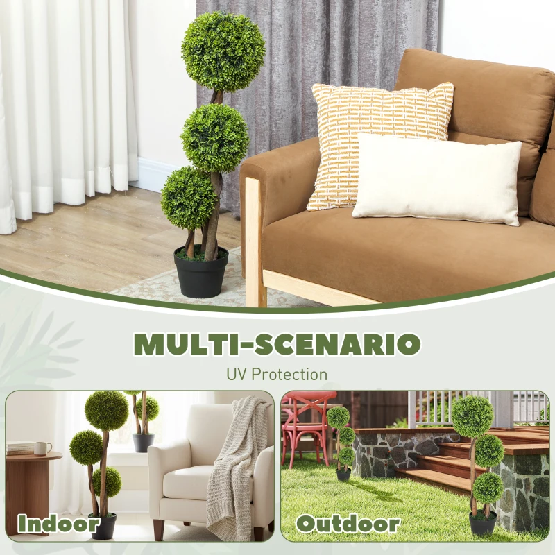 HOMCOM 35 Inch 2 Pack Potted Fake Plant, Artificial Boxwood Topiary Trees, Triple Ball Tree for Indoor and Outdoor, Light Green