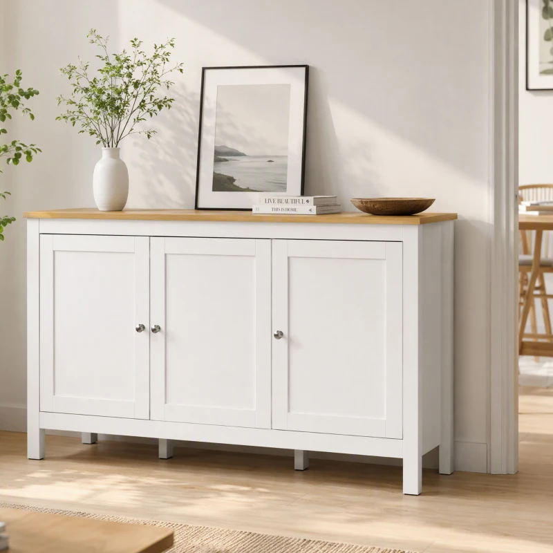 HOMCOM Sideboard, Buffet Cabinet with Doors and Adjustable Shelves for Living Room, Entryway, White and Natural