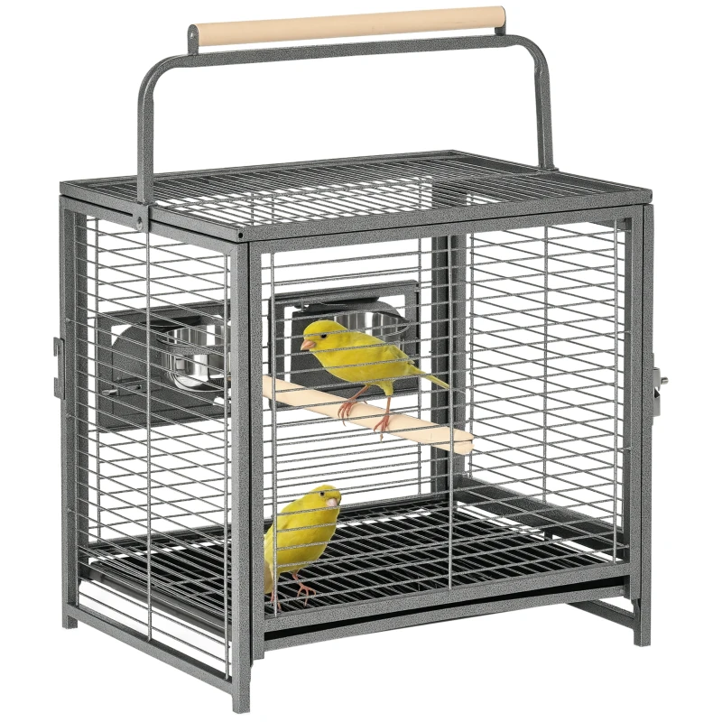 PawHut Bird Travel Carrier Cage, Portable Metal Bird Cage for Parrots Conures Cockatiel Parakeets with Stand Perch, Stainless Steel Bowls, Pull Out Tray, 19" x 15" x 26", Black