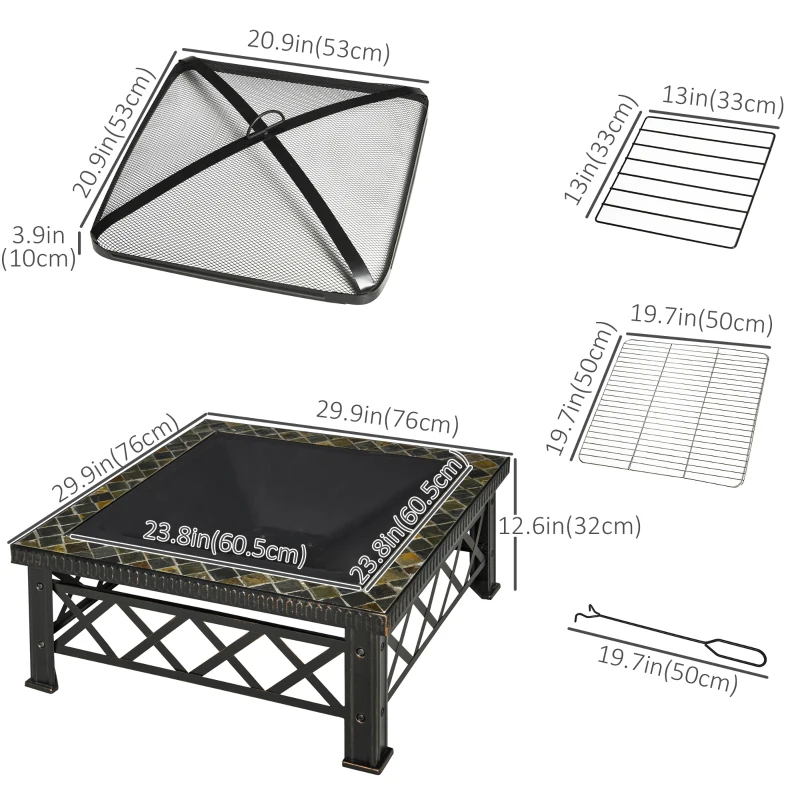 Outsunny Outdoor Steel Square Firepit Square Stove with Spark Screen Cover, Log Grate, Poker, 30" x 30" x 18.5", Black