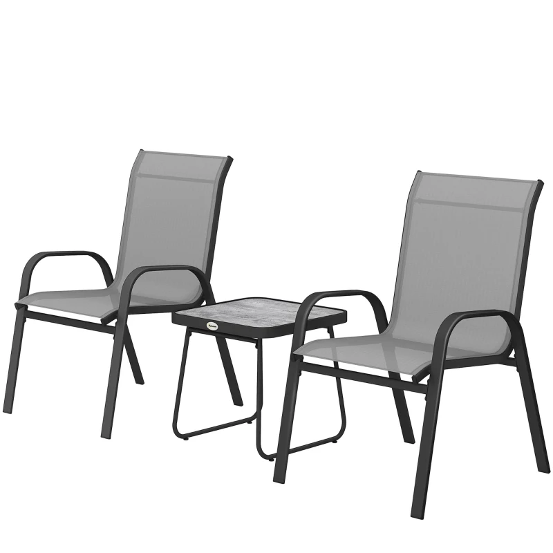 Outsunny Outdoor Bistro Set of 3, 3-Piece Patio Set with Breathable Mesh Fabric, Stackable Chairs and Square Table, Light Grey
