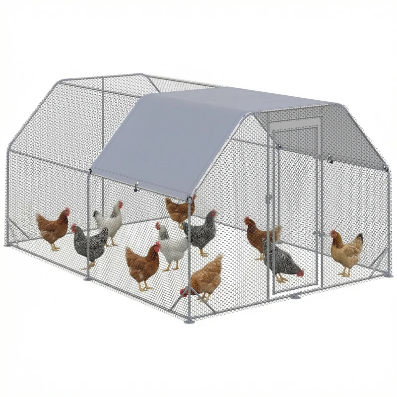 PawHut Chicken Run Outdoor, Galvanized Large Metal Chicken Coop Cage, Walk-in Enclosure Poultry Hen Run House Playpen Rabbit Hutch with Flat Roof, Cover, 9.2'x12.5'x6.5', Silver