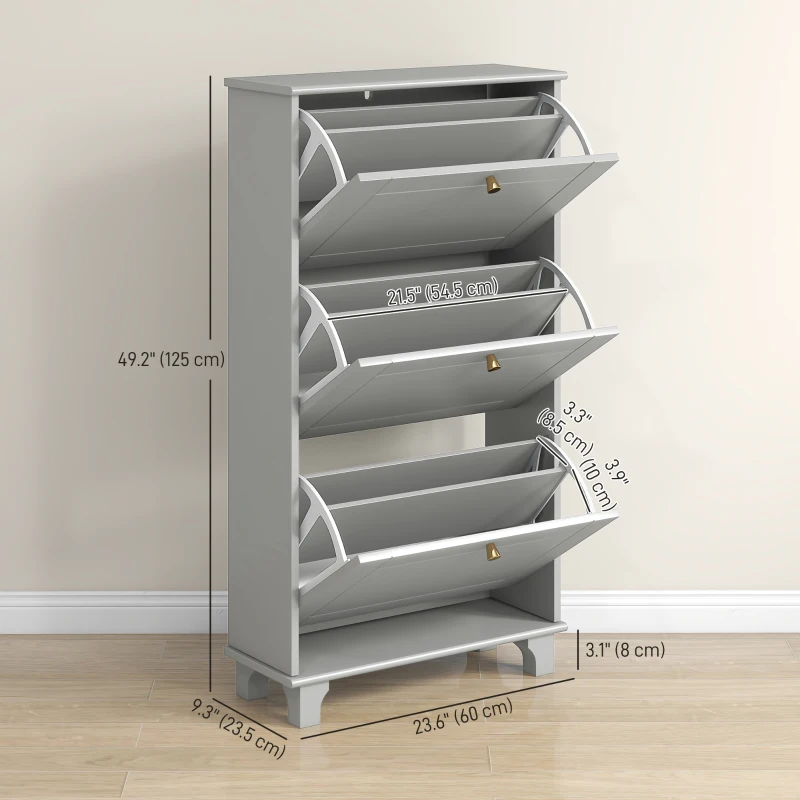 HOMCOM Narrow Shoe Storage with 3 Flip Drawers and Adjustable Shelves, Shoe Cabinet Organizer for 12 Pairs of Shoes, Grey