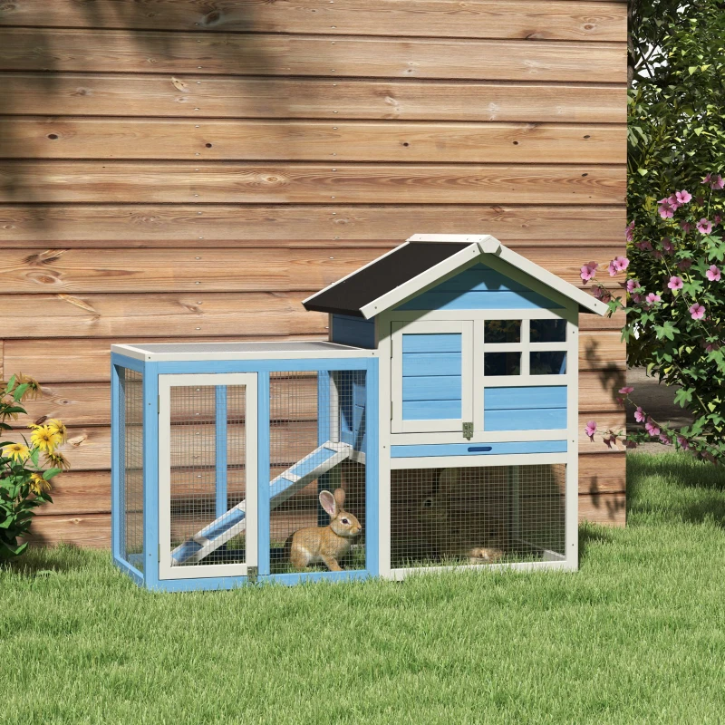 PawHut 49" Wooden Rabbit Hutch Bunny Cage with Waterproof Asphalt Roof, Fun Outdoor Run, Removable Tray and Ramp, Light Blue