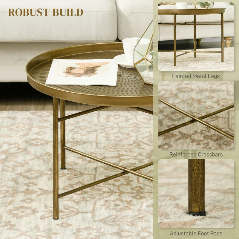 HOMCOM Vintage Coffee Table for Living Room, 24" Round Center Table with Hammered Tray Top and Metal Frame, Gold