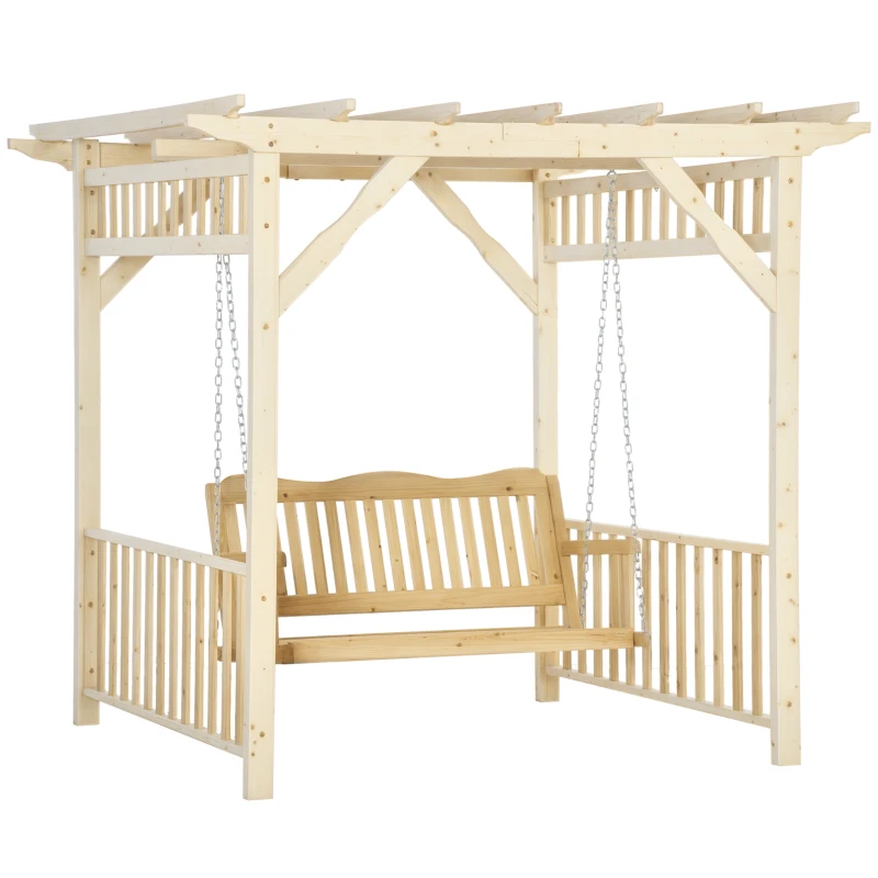 Outsunny Patio Swing Chair with Pergola, 2-Person Wooden Gazebo Swing Bench Sun Shelter for Garden, Poolside, Backyard, Deck