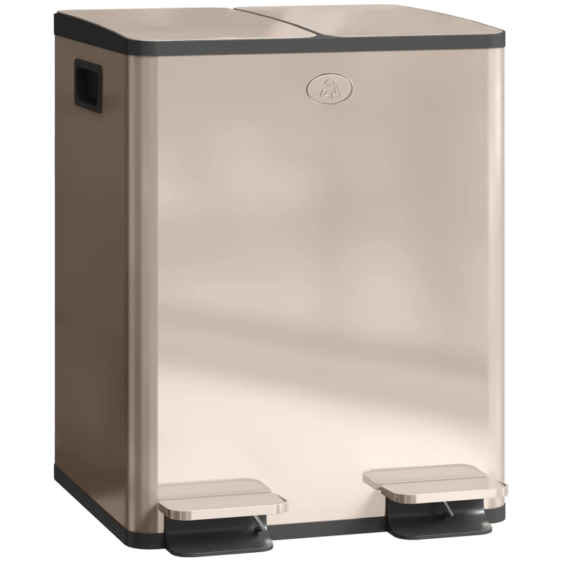 HOMCOM Garbage Bin, Soft-Close Trash Can with Foot Pedal, 2x5 Gal (2x20 L) Garbage Can with Removable Inner Buckets, Gold