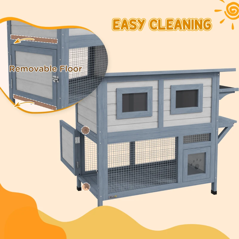 PawHut 2 Tier Outdoor Cat House with Escape Door, Jump platform, for 1-2 Cats, Light Grey