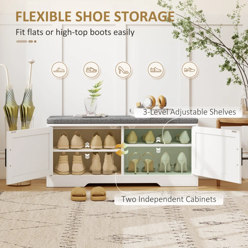 HOMCOM Shoe Bench with Cushion Shoe Storage Bench with Doors Adjustable Shelves for Entryway, White