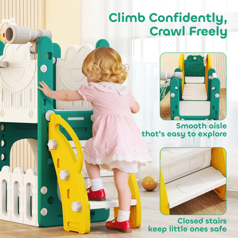 Qaba 7 in 1 Toddler Slide with Basketball Hoop, Climbing Frame, Telescope, Drawing Board, Crawl Tunnel for Ages 1-3, Yellow