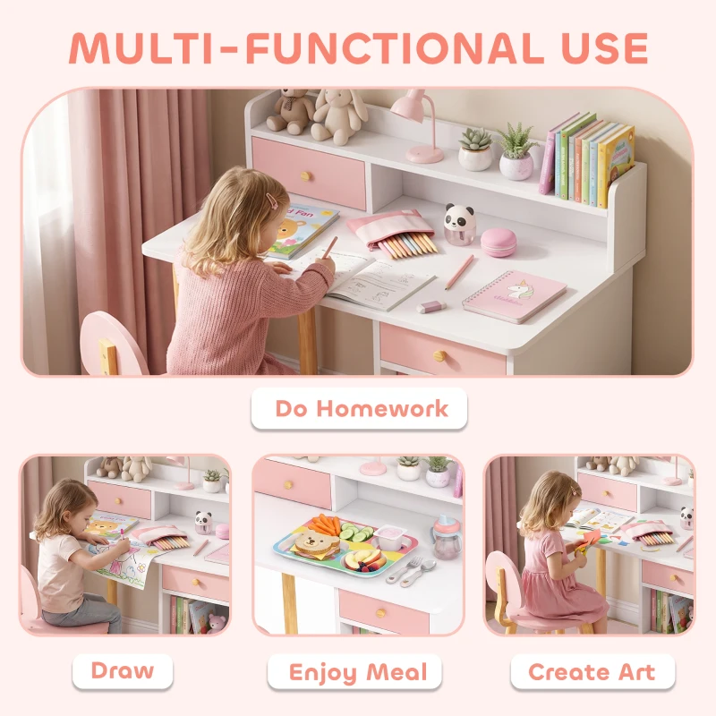 Qaba Kids Study Table and Chair Set, Kids Desk and Chair Set w/ Storage and Shelves, for 3-8 Year Old, Pink