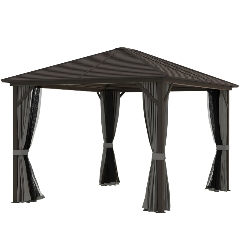 Outsunny 10' x 12' Deluxe Hardtop Gazebo with Metal Roof, Aluminum Frame Patio Gazebo Garden Sun Shelter Outdoor Pavilion with Curtains and Netting, Grey