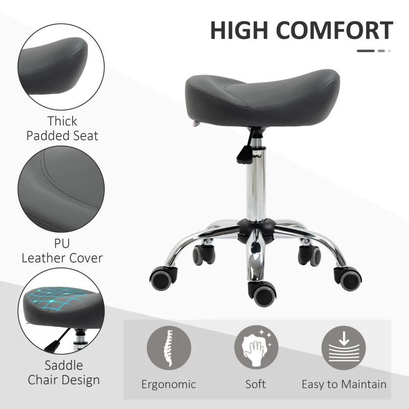 HOMCOM Ergonomic Saddle Stool with Wheels, Adjustable PU Leather Saddle Chair, 360° Swivel, NO Back Pain, Healthy Posture, Salon Chair for Massage Medical Home, Grey