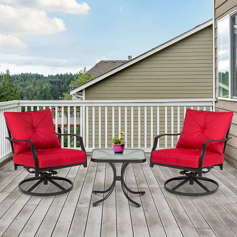 Outsunny 3pcs Outdoor 360° Swivel Metal Rocking Chair with Toughened Glass Coffee Table Set Garden Rocker & Tea Table Set w/ Cushion Red