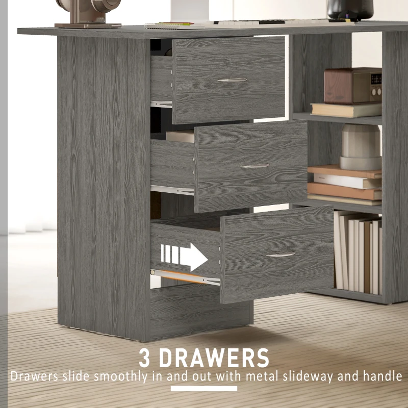 HOMCOM Computer Desk, 47" Writing Table with 3-Tier Shelves and 3 Reversible Drawers for Home Office, Bedroom, Grey