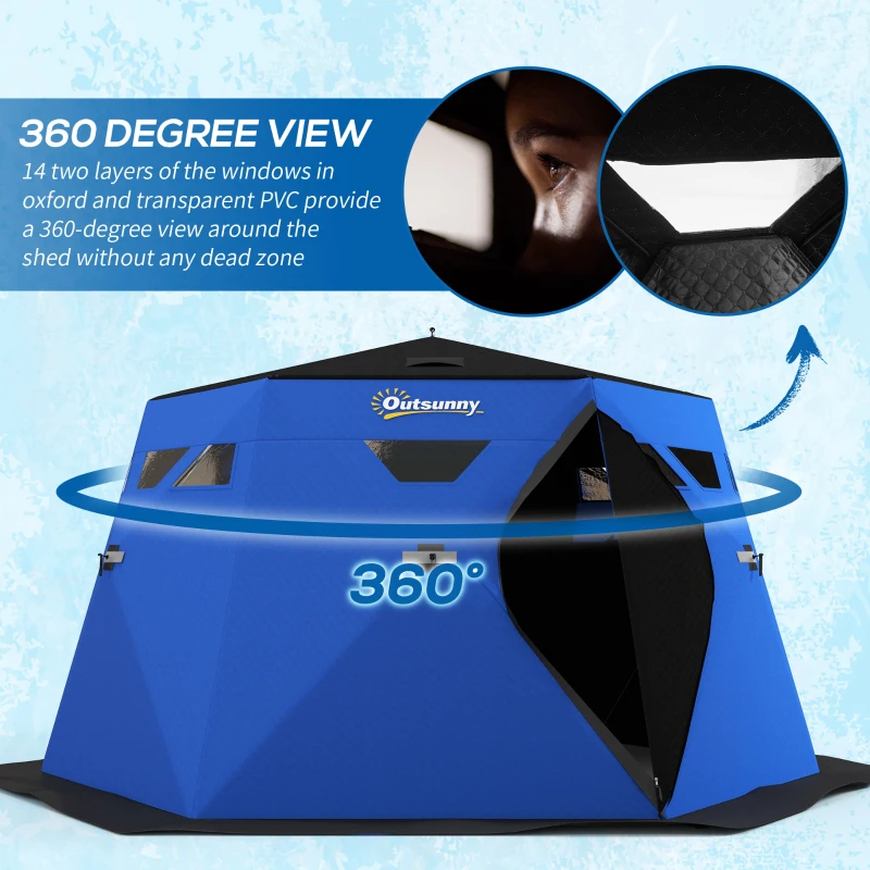 Outsunny 4 Person Insulated Ice Fishing Shelter, Pop-Up Portable Ice Fishing Tent with Carry Bag and Two Doors for -22℉, Blue