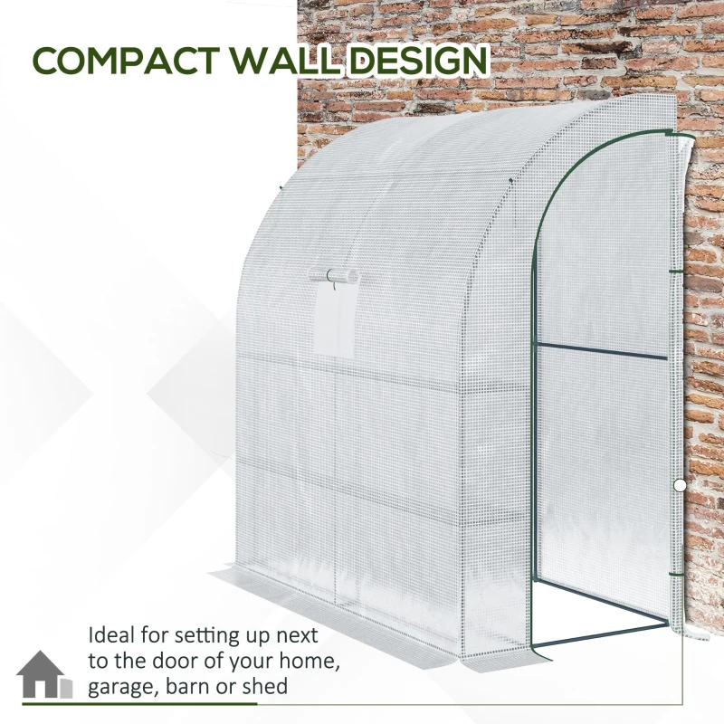 Outsunny 7' x 3' x 7' Outdoor Lean-to Walk-In Greenhouse w/ Roll-up Mesh Windows, Zipper Door and 3-Tier Shelves, White