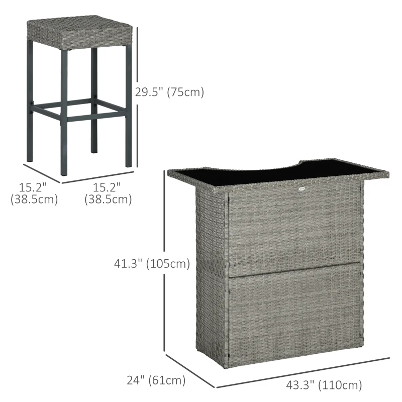 Outsunny 5 Pieces Patio Bar Set, Outdoor PE Rattan Wicker High Top Outdoor Table and Chairs Outdoor Bar Set with Tempered Glass Top Bar Table and Shelves, 4 Bar Chairs, Grey