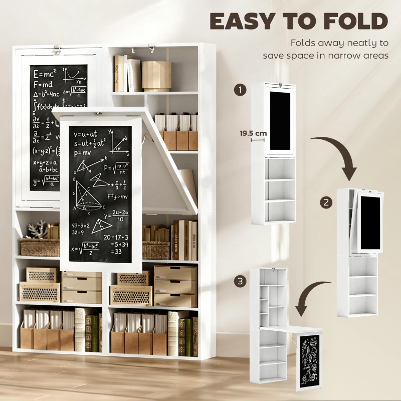 HOMCOM Fold-out Convertible Office Desk, Wall Mount Computer Desk with Blackboard and Side Shelf, White