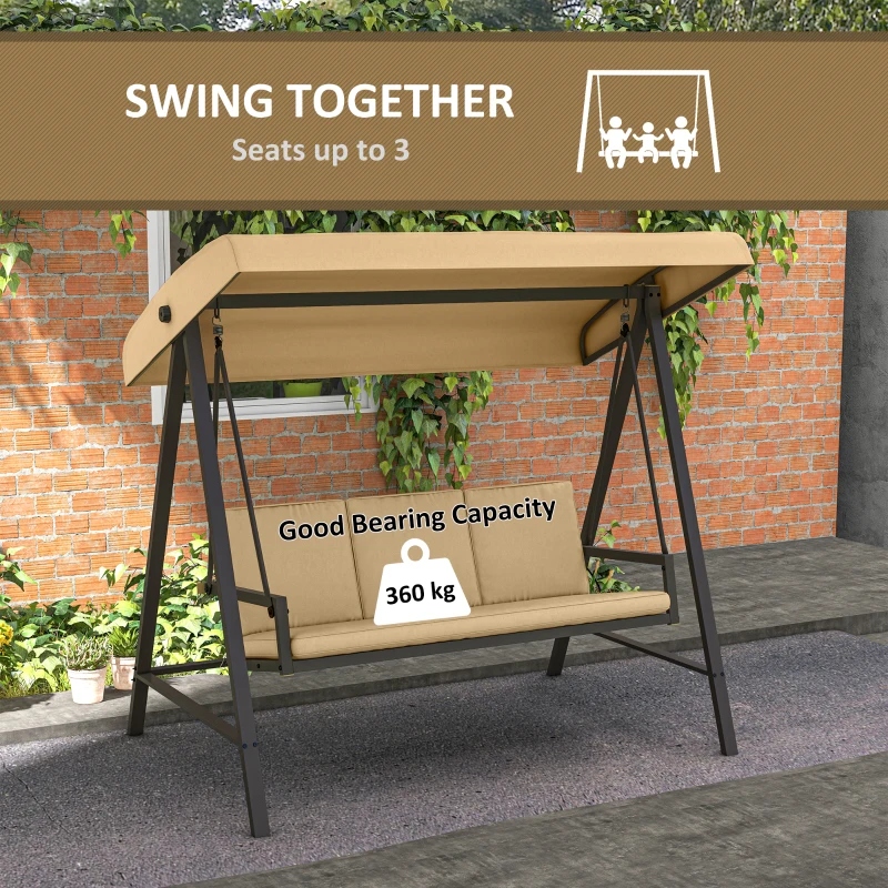 Outsunny 3 Seater Patio Swing Chair, Porch Swing with Adjustable Canopy and Removable Cushions, Outdoor Swing Seat, Beige