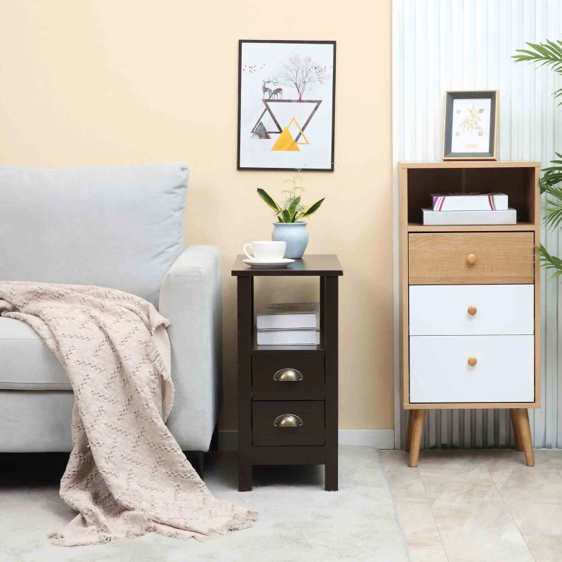 HOMCOM Slim End Table with 2 Drawers and Storage Shelf, Sofa Side Table for Living Room, Narrow Nightstand, Coffee