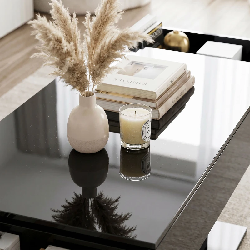 HOMCOM LED Coffee Table with Storage, High Gloss Modern Center Table with 2 Drawers and Remote Control for Living Room, Black