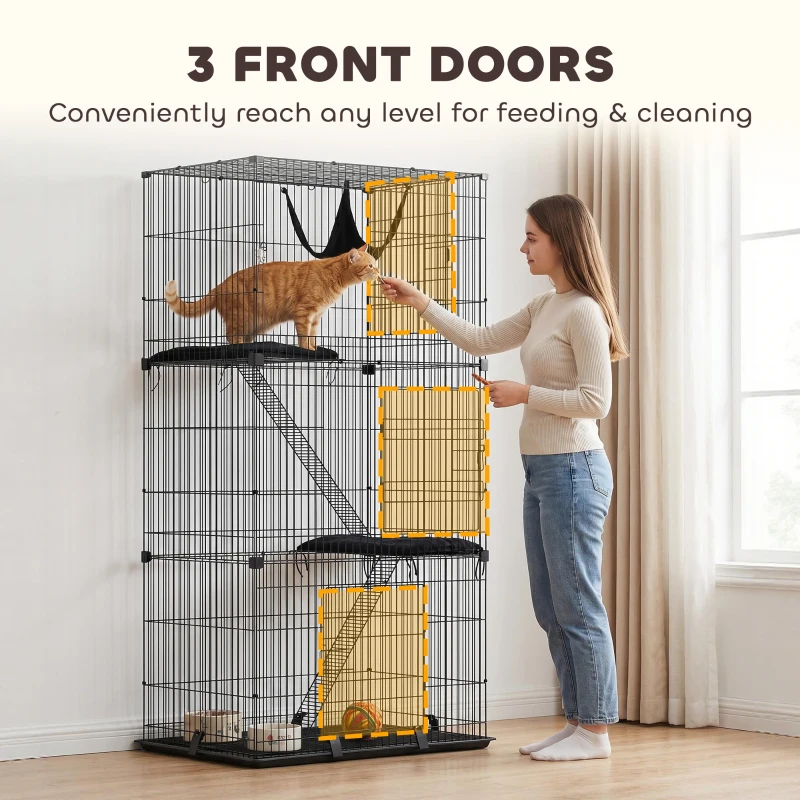 PawHut 3-Tier Cat Cage Indoor, Detachable Metal Wire Kennel withwith Hammock, Platform, Tray and Cushion for 1-2 Kittens