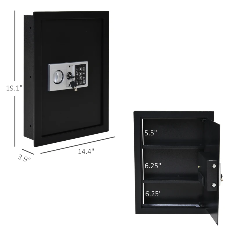 HOMCOM Flat Superior Electronic Hidden Wall Safe Box for Jewelry or Valuables Digital Lock Home Office Hotel Security (Black)