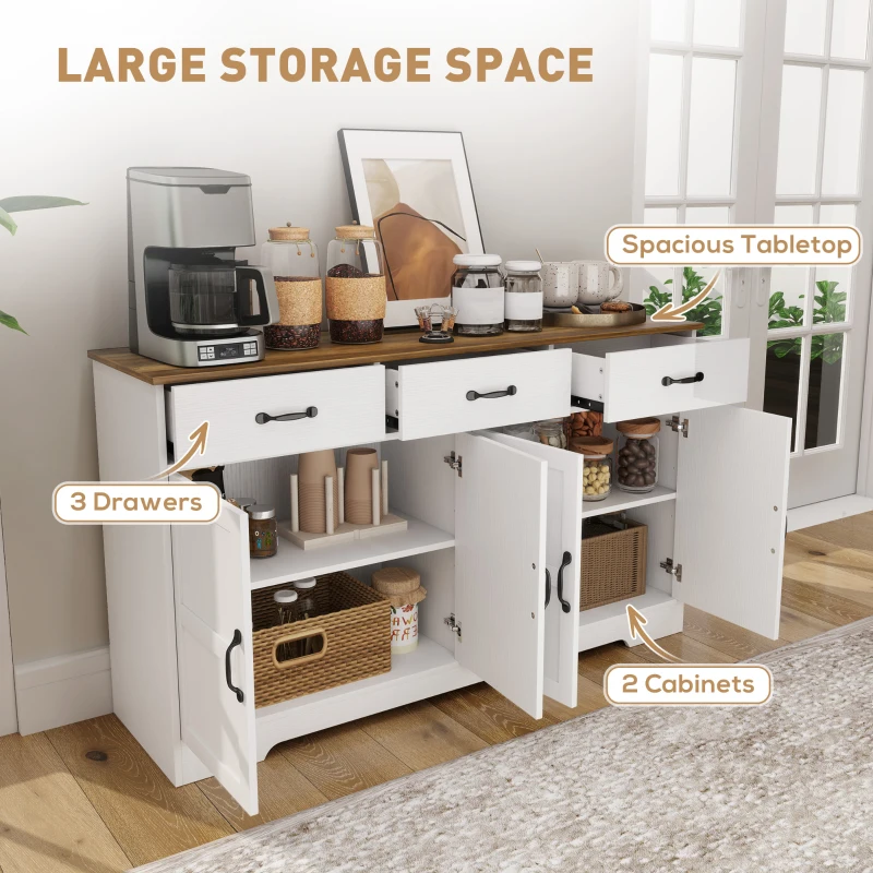 HOMCOM Sideboard Buffet Cabinet with Storage, Modern Coffee Bar Cabinet with 3 Drawers and Adjustable Shelves, Distressed White