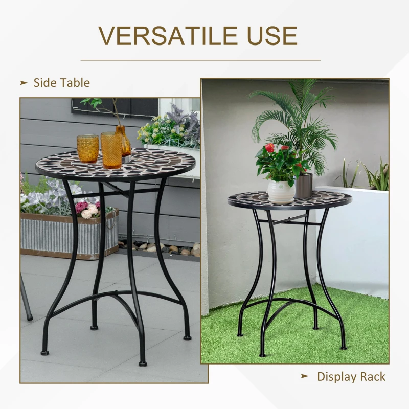 Outsunny Mosaic Patio Table, Round Coffee Table with Metal Frame, Garden Furniture for Outdoor, Poolside, Black