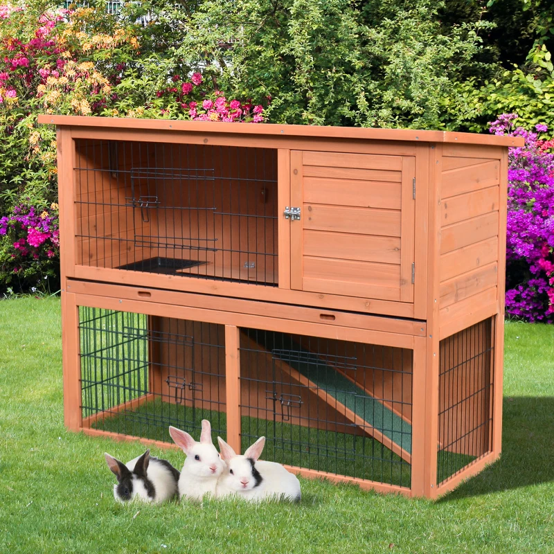 PawHut 48" L Wooden Rabbit Hutch Pet Playpen 4 Door House Enclosure with Ramp, for Rabbits and Small Animals, Natural Wood
