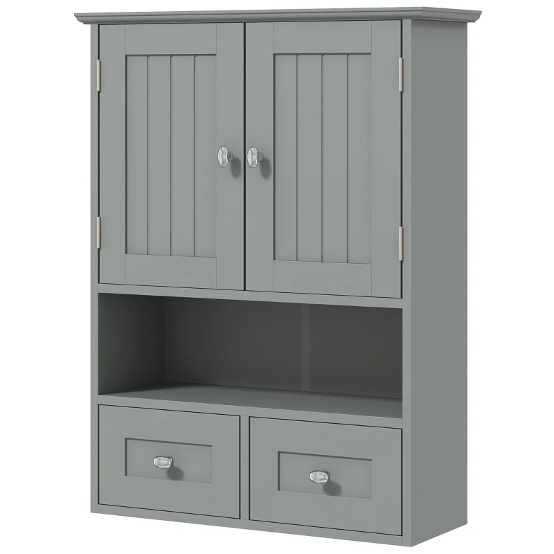 kleankin Bathroom Wall Cabinet with 2 Drawers, Modern Medicine Cabinet with 2 Doors and Open Shelf, Over the Toilet Storage Organizer for Living Room, Kitchen，20" x 7" x 26", Grey