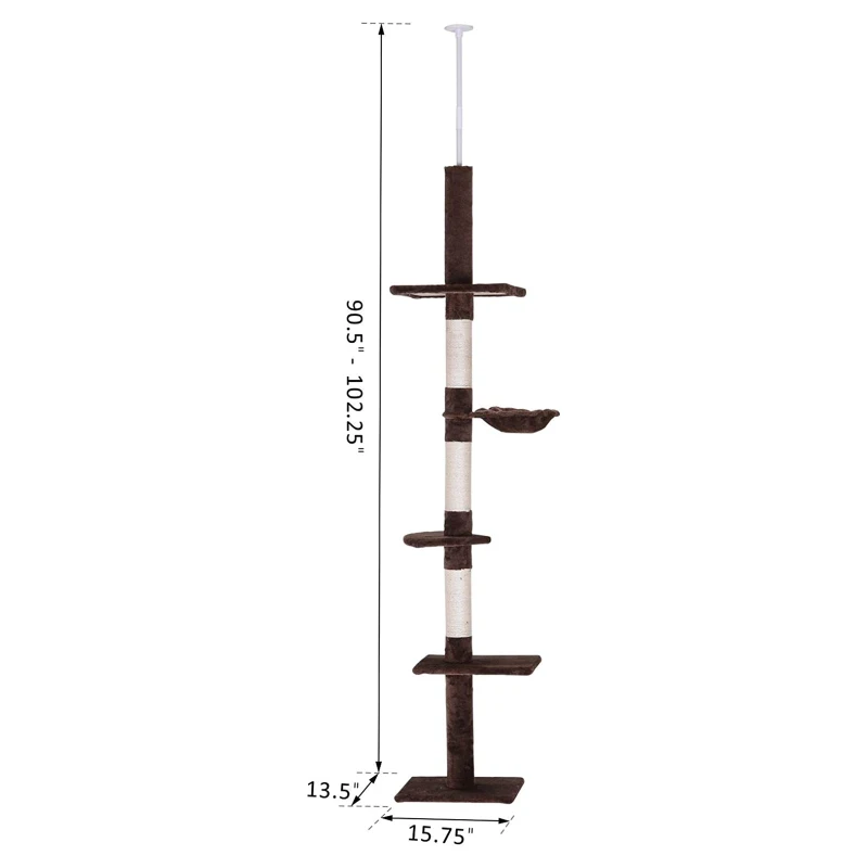 PawHut 102" Adjustable Height Floor to Ceiling Cat Tree, 5 Level Cat Tower with Scratching Posts, Hammock, Brown
