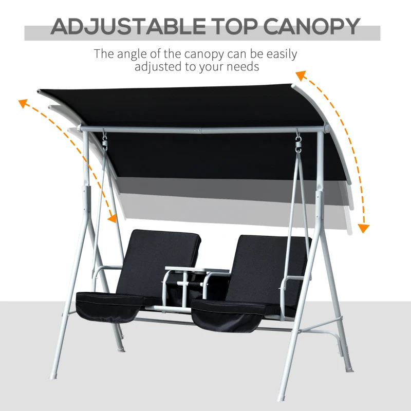 Outsunny Double Outdoor Swing Chair 2 Person Covered Swing Porch Swing w/ Pivot Table and Storage Console, Black