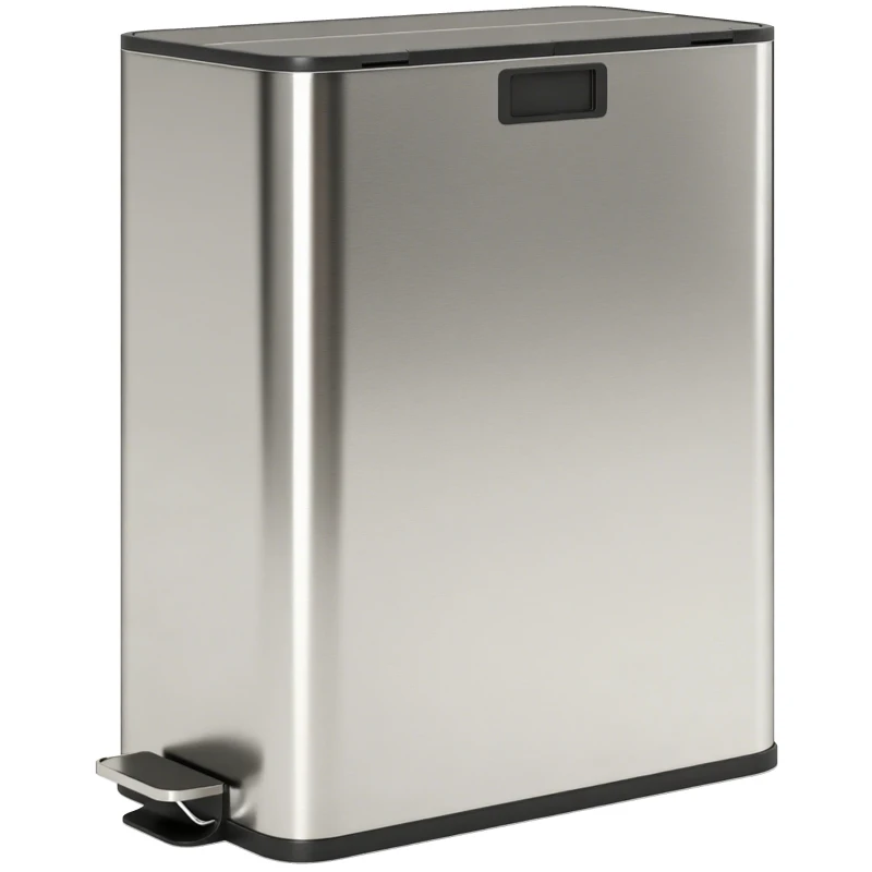 HOMCOM Dual Trash Can with Soft-Close Lid, Garbage Can with Removable Inner Bucket for Kitchen 2 x 7.4 Gal (2 x 28 L), Silver